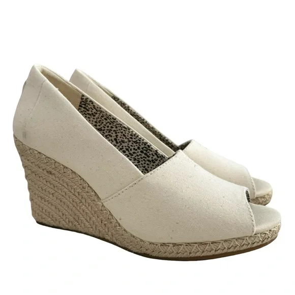 NWOT Toms Michelle Canvas Espadrille Peep Toe Wedge Pump in Natural Size 8.5 - Picture 3 of 16